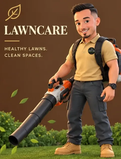 Front Line Services lawn care technician with a backpack leaf blower